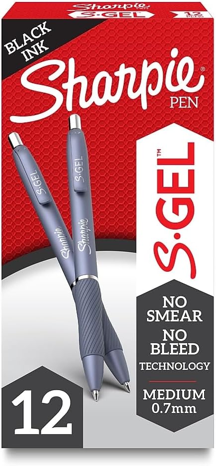 Sharpie S-Gel, Gel Pens, Medium Point (0.7mm), Black Gel Ink Pens, 12 Count