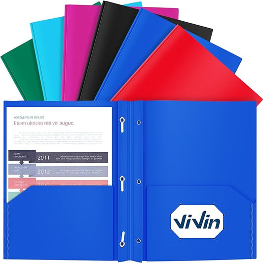 ViVin Sturdy Plastic Folders with Pockets, Two Pockets Folder with 3 Prongs, fits 9 * 12 Letter Size Paper, for School Home Office (Assorted Color)