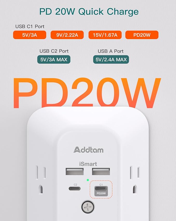 Outlet Extender Surge Protector - Addtam 5-Outlet Splitter with 4 USB Wall Charger(PD 20W), Multi Plug Wall Outlet Power Strip for Home, Dorm Room Essentials