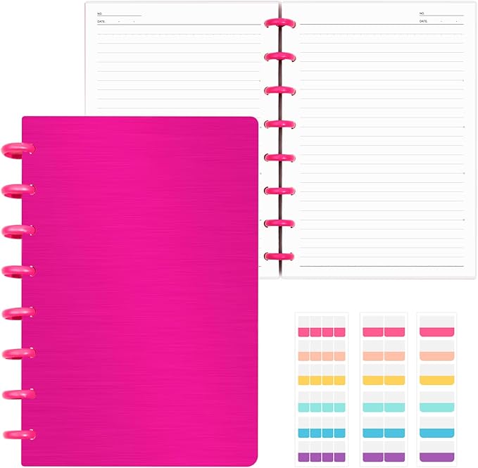 Discbound Notebook, 8-Disc Disbound Planner with Removable Pages, 180 Pages Spiral Notebook, Poly Cover Discbound Planner for Work, Travel, Note Taking(With Index Sticker),Rose Red,A5