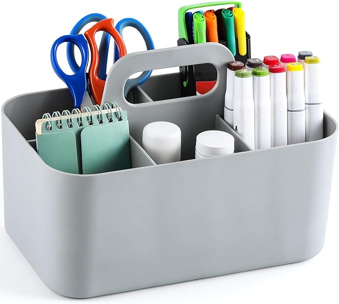 Multiuse Caddy Organizer with Handle - Stackable Plastic Tote Bin - Art Craft Supplies, Office, Desk, Stationery Pen Holder, Kitchen, Utensil, Makeup, Bathroom, Shower, Cleaning, Dorm Organizer - Grey