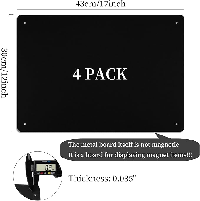 4 Pack Magnetic Board Black, 17" x 12" Metal Bulletin Board for Wall to Display Magnetic Notes, Stickers, Photos, Suits for Wall, Cabinet, with Dual Lock Tape and Screws for Easy Hanging