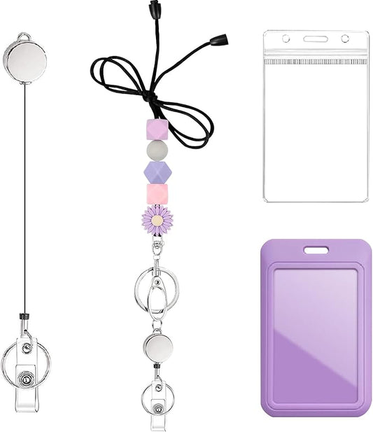 Colorful ID Badge Holder with Silicone Beads Lanyard Set,Cute Teacher Breakaway Lanyard for Keys & Keychain with Cute Retractable Badge Reel Holder,Gift for Women,Nurse, Teacher. (Purple Daisy 1)
