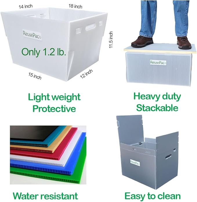 Reusable Foldable Box Corrugated PP Lightweight, Storage Moving, Heavy Duty Stackable, Tape Free Self-Locking Lid, Handles for Business Home In/Outdoors X-Large (nWhite, 24x16x12 in)