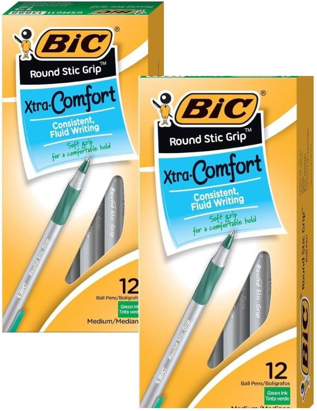 BIC Round Stic Grip Xtra Comfort Ball Pen Medium Pt 1.2mm Green 2DOZEN GSMG11GN