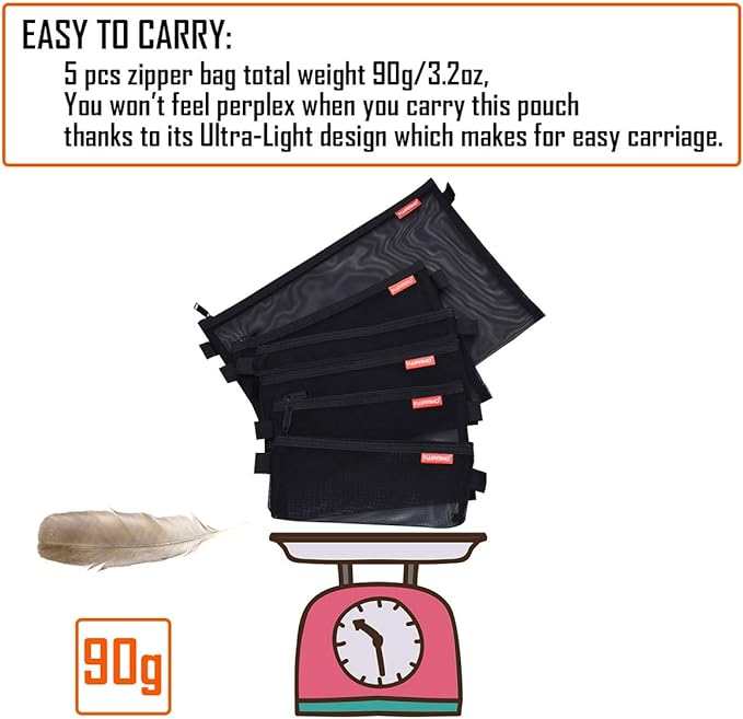 Pendancy Mesh Zipper Pouch 5pcs Lightweight Nylon File Folders Document Organizer Cosmetic Bags Accessories Storage for Travel and Office Supplies (Black, A4 A5 A6)