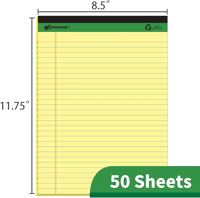 KAISA Legal Pads Writing Pads Recycled Paper, Wide Ruled 8.5"x11.75" Perforated 50 Sheets Notepads 8-1/2"x 11-3/4" Writed Pad, Canary 24Pads, KSU-5668