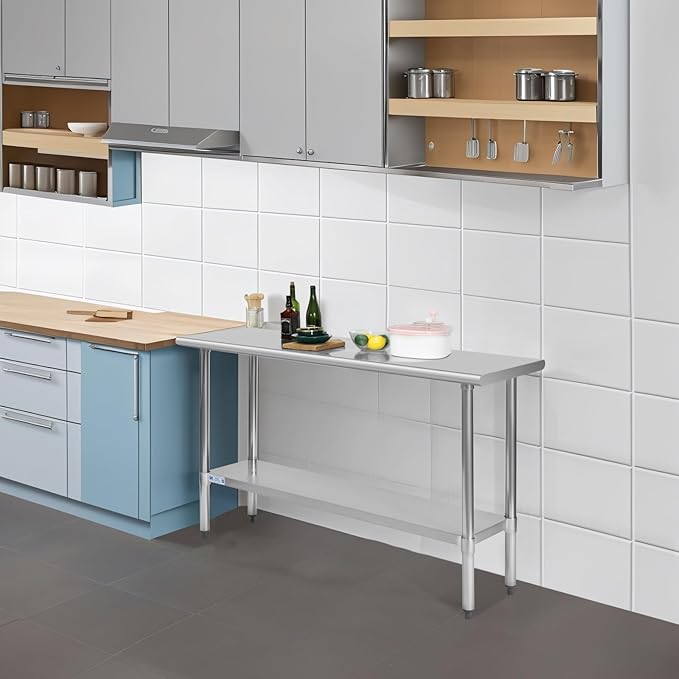 HALLY Stainless Steel Table for Prep & Work 18 x 60 Inches, NSF Commercial Heavy Duty Table with Undershelf and Galvanized Legs for Restaurant, Home and Hotel