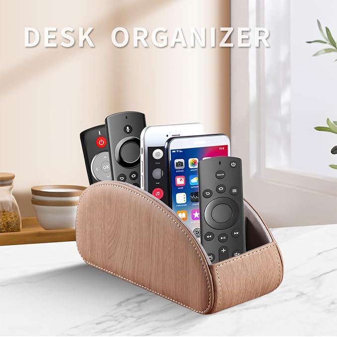 All-in-One Leather TV Remote Control Holder with 5 Compartments Nightstand Desktop Air Conditioner Media Player Remote Caddy Storage Box Organizer Tray For Makeup Brush Pen Stationary Table Controller