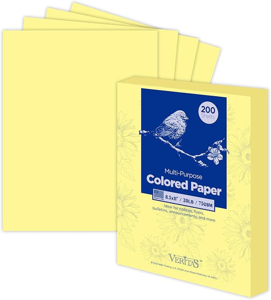 Veritas Colored Copy Paper,Multi-Purpose paper,Colored Printer Paper 8.5” x 11”, 20 lb / 75 GSM, Canary 200 Sheets (1 Reams)，Made in USA