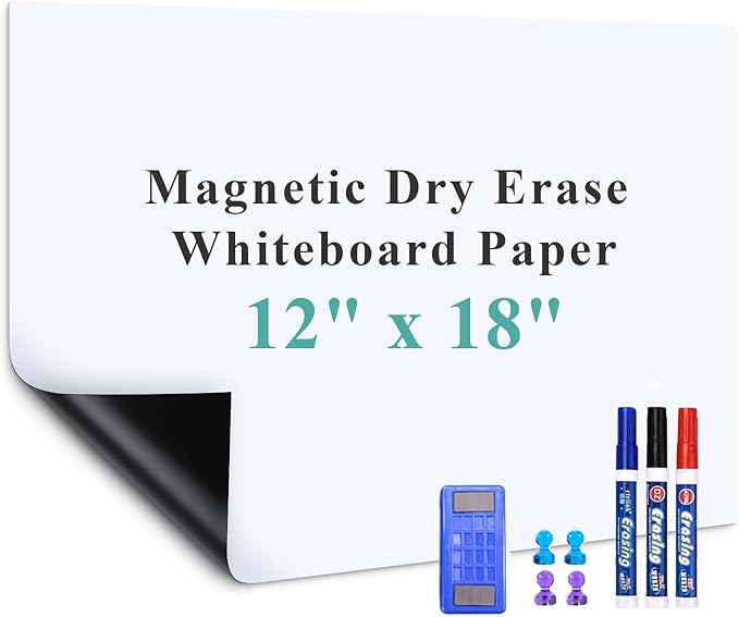 Magnetic Dry Erase Whiteboard Paper, 12" x 18" Self Adhesive Whiteboard for Wall, Easy to Write and Clean Dry Erase Board for Kids, Office, Home, with Marker, Magnetic Eraser and Magnets