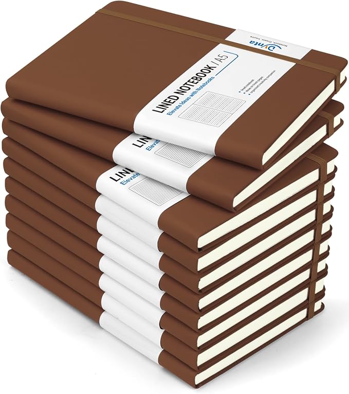 Hardcover Journal Notebooks, 10 Packs A5 Lined Journals Bulk for Writing 200 Pages/100Sheets, 8.4 x 5.8 inch, Classic Ruled Notebook for Work/Travel/College/Note Taking(Brown)