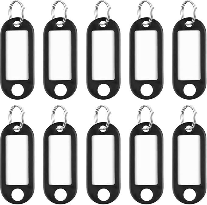 Uniclife 10 Pieces Key Tags 2 Inch Soft Plastic Key Chain Tags with Blank Paper Labels Clear Windows Protective Films and Split Rings Flexible Item Identifiers, Black