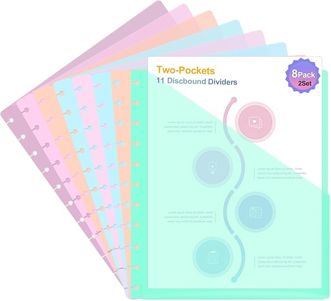 16 PCS Discbound Dividers Letter Size Disc Planner 2 Pocket Fit 8.5" x 11" Paper Notebook with Pockets 11 Disc Folder for Office, Home, School