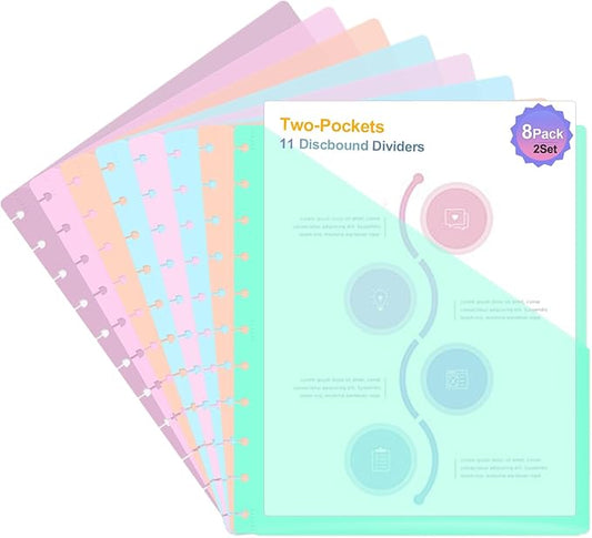 16 PCS Discbound Dividers Letter Size Disc Planner 2 Pocket Fit 8.5" x 11" Paper Notebook with Pockets 11 Disc Folder for Office, Home, School