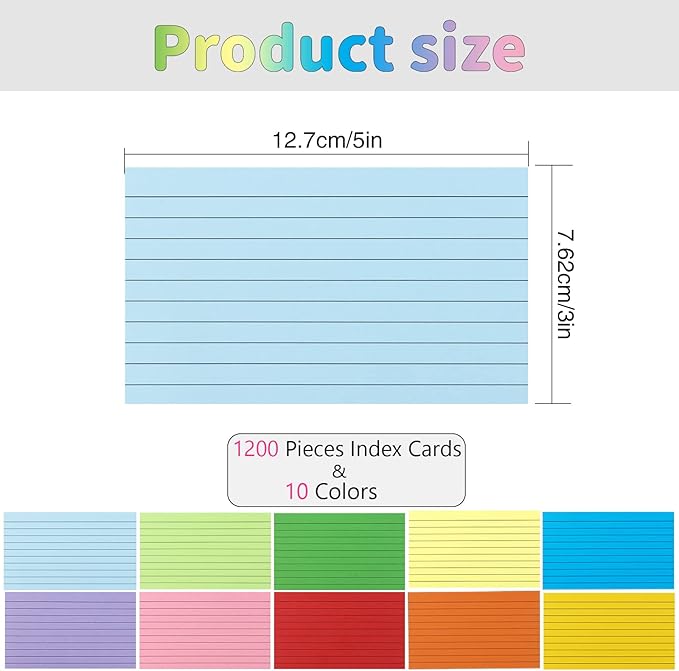 1200 Pieces Index Cards Ruled 3 x 5 Color Index Cards Bulk, Flash Cards, Study Cards, Note Cards for Learning School and Office Uses, 10 Colors