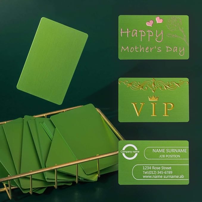 Thick Green Aluminum Metal Business Cards Anodized Aluminum 86 X 54 X 0.8mm 15 pcs Include Protector Sleeves(Frosted)