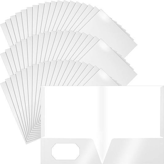 Jutom 50 Pcs 2 Pocket Glossy Paper Folders Glossy Paper Laminated Portfolios, Letter Size, Presentation Folders with Pockets for Office Teacher Worker Supplies(White Color)