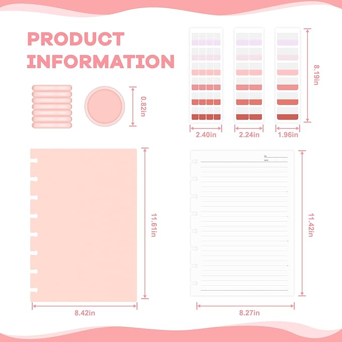 Discbound Notebook, 8-Disc Disbound Planner with Removable Pages, 180 Pages Spiral Notebook, Poly Cover Discbound Planner for Work, Travel, Note Taking(With Index Sticker),Pink,A5