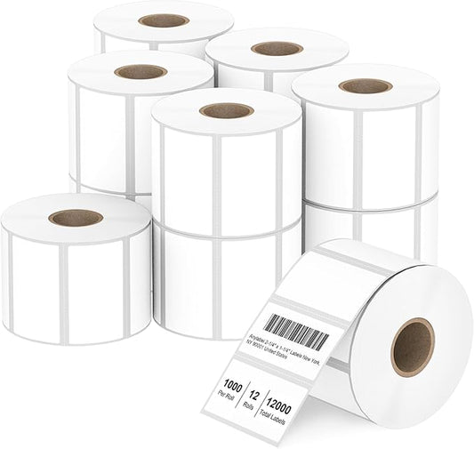 2.25" x 1.25" Direct Thermal Labels, White Thermal Printer Labels for Barcode, Thermal Stickers Compatible with Zebra, Rollo, Munbyn Thermal Labels Printers (12 Rolls, 1000 Labels/Roll)