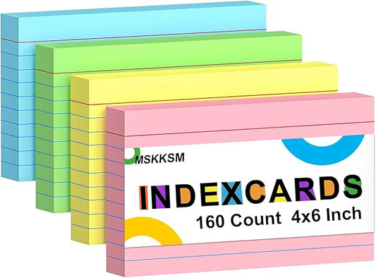 Colored Index Cards 4x6 Inch - 160 Pack, Ruled Index Flash Cards for Studying, Lined Index Note Cards 4 x 6 with Colorful, Heavy Colored Flashcards 4x6 Notecards for Office, Home and School Supplies