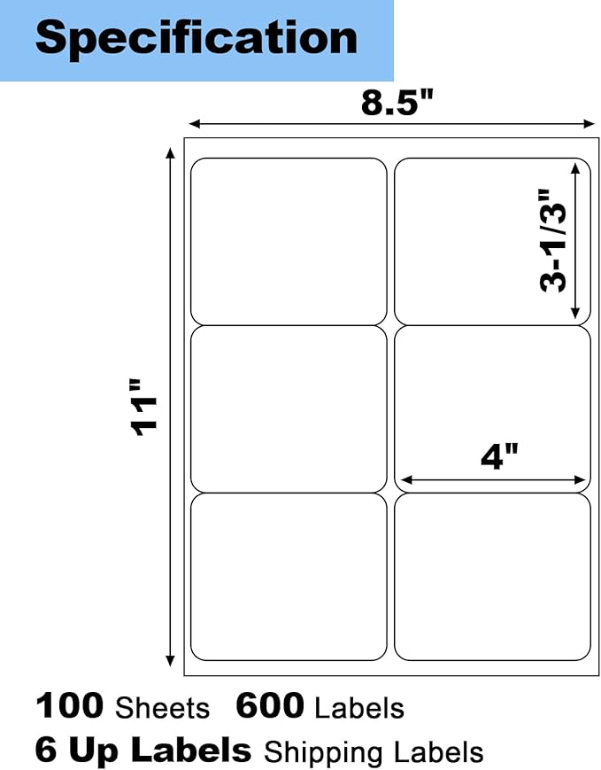 600 Labels 6 UP Labels,4" x 3-1/3" Shipping Address Labels for Laser & Inkjet and Copier Printer, 100 Sheets 6 Labels per Page Sheets Blank Mailing Labels, 6 per Sheet Barcode Labels Sticker