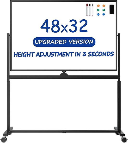Rolling Whiteboard, 48 x 32 Inches Magnetic White Board with Stand, Double-Sided Large Standing Dry Erase Board on Wheels, Height-Adjustable Mobile Dry Erase Board for Office, Home, Classroom
