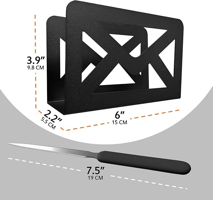 Black Metal Mail Holder, Countertop Letter Organizer with Letter Opener, Office Desktop Envelope Rack, Tabletop Document Stand (Sign)