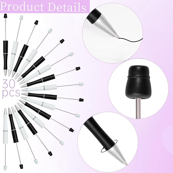 jiebor 30Pcs Beadable Pens Plastic Bead Pen Black Ink Ballpoint Pens Diy Pens Cute Cool Pens for Teacher Bridal Women Men Graduation Gift Office Supplies Black White