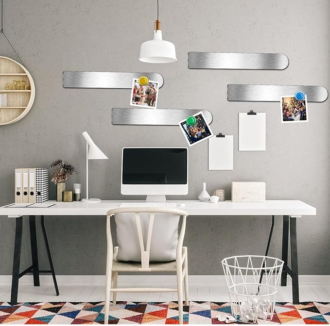 Frameless Magnetic Stainless Iron Board Strips, Adhesive Backing Bulletin Bar Board with 10 Pieces Colorful Magnet, Memo Strip for Office Home 4Pcs