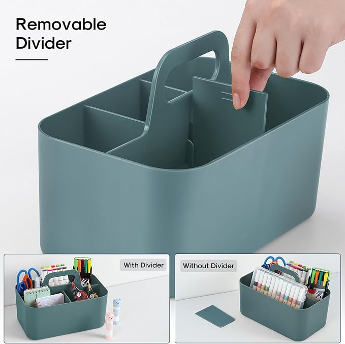 Multiuse Caddy Organizer with Handle - Stackable Plastic Tote Bin - Art Craft Supplies, Office, Desk, Stationery Pen Holder, Kitchen, Utensil, Makeup, Bathroom, Shower, Cleaning, Dorm Organizer - Cyan