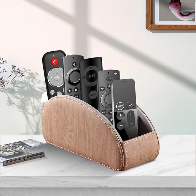 YAPISHI All-in-One Leather TV Remote Control Holder With 5 Compartments Nightstand Desktop DVD Media Player Remote Caddy Storage Box Organizer Tray For Makeup Brush Pen Stationary Table Controllers