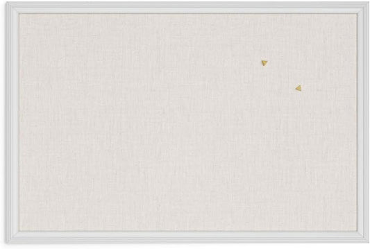 U Brands Farmhouse Linen Bulletin Board, 30"x20", White Wood Style Frame, Includes Push Pins