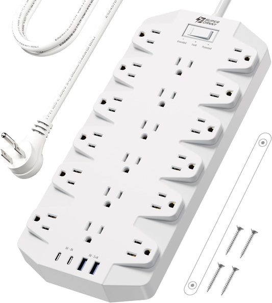 Power Strip Surge Protector, SUPERDANNY 18 Outlets with 2 USB C + 2 USB A Ports, 1875W/15A, 2100J, 6.5FT Flat Plug Heavy Duty Extension Cord with Multiple Outlets for Home, Office, Dorm, White