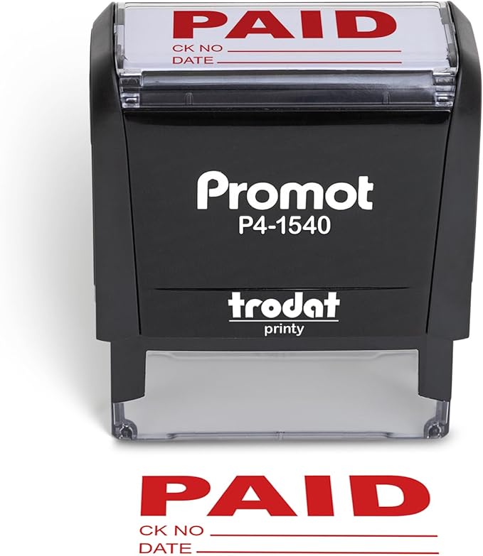 Promot Paid Stamp Self Inking Stamp - Paid Stamp for Office, Accounts Payable Stamp w/Check Number and Date - Rubber Stamps for Retail Use, Red Ink Stamp, Self Inking Stamp for Business Supplies