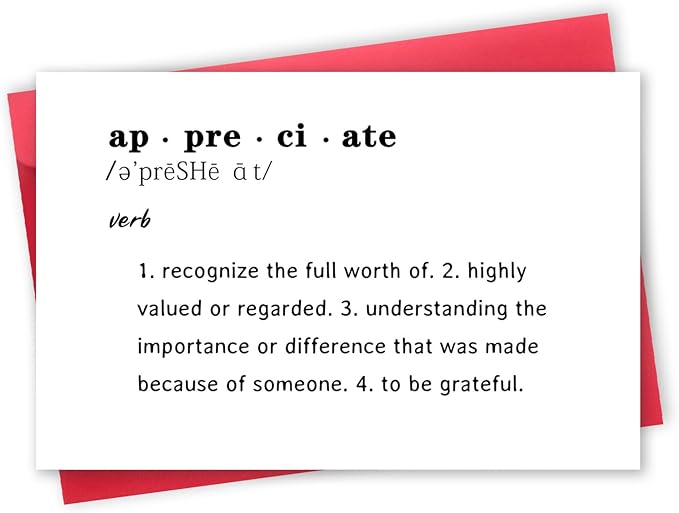 Lovely Appreciate Definition Cards for Him Her, Thank You Card for Teacher Boss, Thank You Gifts for Coworkers Friends, What to Say in A Thank You Card