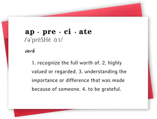 Lovely Appreciate Definition Cards for Him Her, Thank You Card for Teacher Boss, Thank You Gifts for Coworkers Friends, What to Say in A Thank You Card