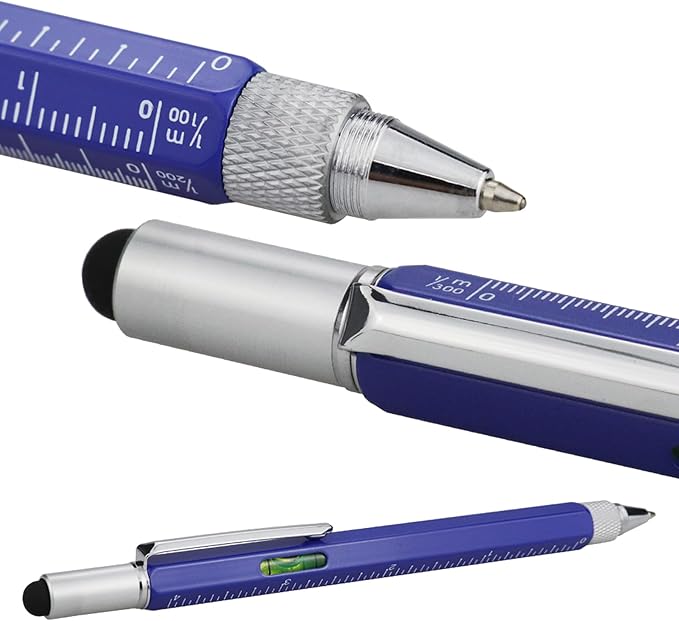 HeTaoCat Metal Multi tool Pen 6-in-1 Stylus Pen - With Screwdriver, Phillips Screwdriver, Flathead Bit Slotted Screwdriver, Ballpoint Pen Black ink, Stylus pen, Bubble Level and Ruler (Blue)