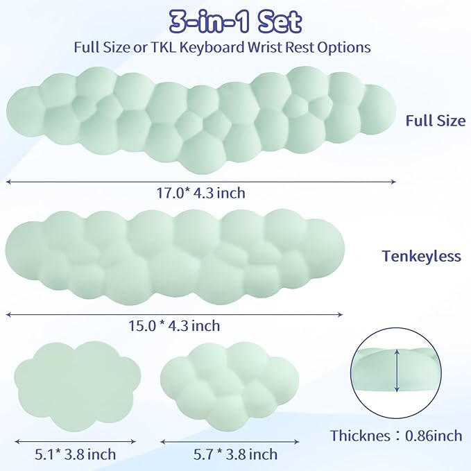 Cloud Wrist Rest Keyboard, Cloud Keyboard Wrist Pad Set with PU Leather Memory Foam, Cute Arm Rest for Palm Support, PC/Gaming Desk Accessories/Office Setup/Computer Hand Cushion-Light Green