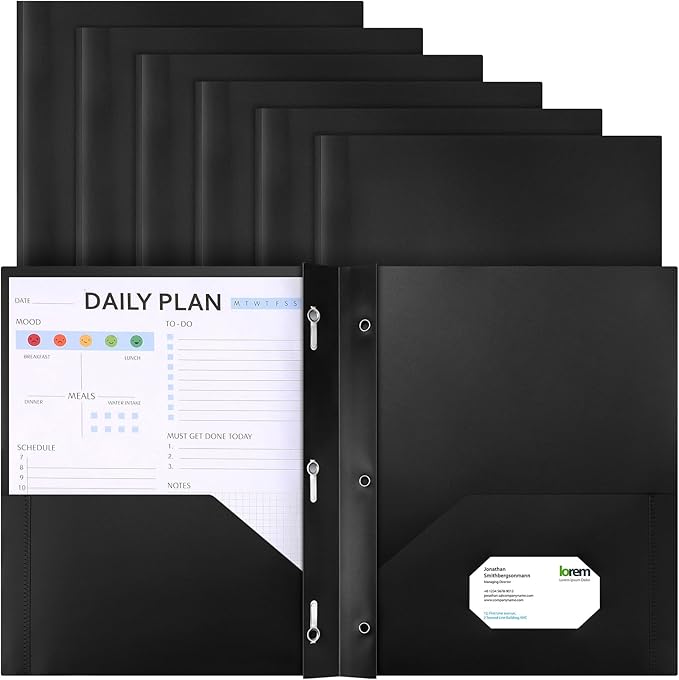 Cholemy 6 Pcs Plastic Pocket Folders with Prong 2 Heavy Duty Pockets Folders with 3 Prongs Letter Size Paper Folders Bulk File Plastic Folders with Fasteners for Office Workers (Black)