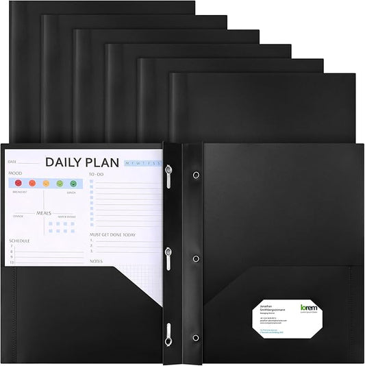 Cholemy 6 Pcs Plastic Pocket Folders with Prong 2 Heavy Duty Pockets Folders with 3 Prongs Letter Size Paper Folders Bulk File Plastic Folders with Fasteners for Office Workers (Black)
