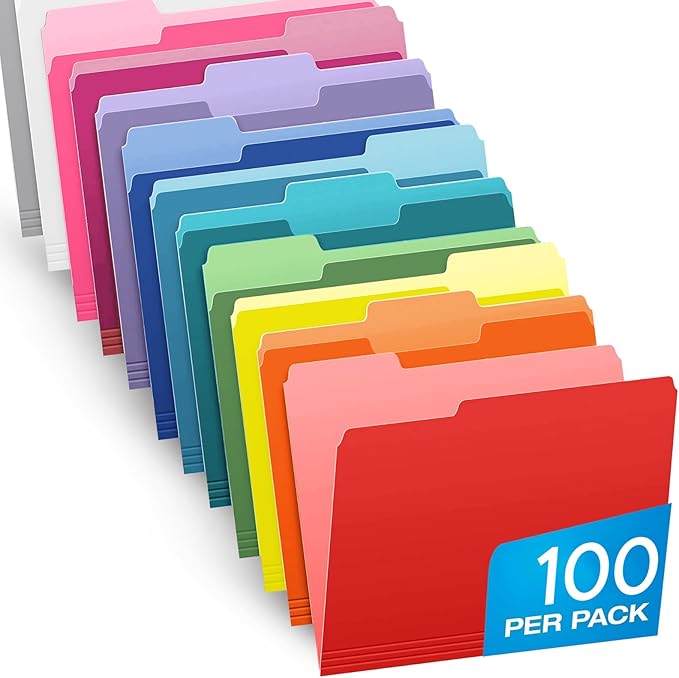 Pendaflex Colored File Folders Letter Size - 100 Pack of 12 Assorted Color Folders for Documents - 1/3-cut Tabs - Manila Office Folders