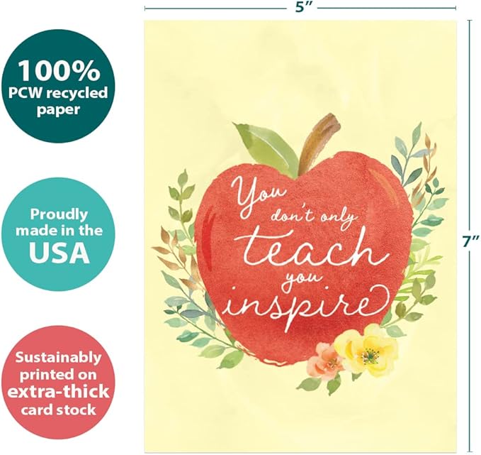 Tree-Free Greetings Teacher Appreciation Cards - Artful Designs - 1 Card + Matching Envelopes - Made in USA - 100% Recycled Paper - 5"x7" - Heartfelt, For Teacher, You Inspire (GO64427)