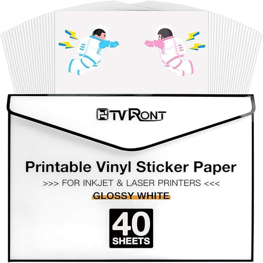 HTVRONT Printable Vinyl for Inkjet Printer & Laser Printer - 40 Pcs Glossy White Inkjet Printable Vinyl Sticker Paper, 8.5"x11" (140 g)