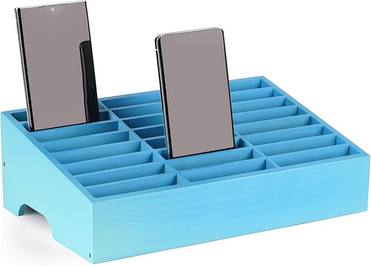 Wooden 24-Grid Cell Phones Storage Box Desktop Mobile Phone Holder Organizer for Office School Classroom (24-Grid Blue)