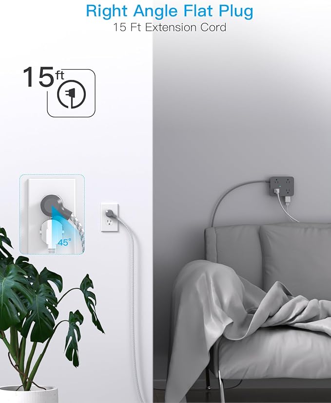 Surge Protector Power Strip 15 Ft Long Cord, 8 Outlets 4 USB Ports(2 USB C), Flat Plug, Desk Charging Station for Home Office College Dorm Room Essentials