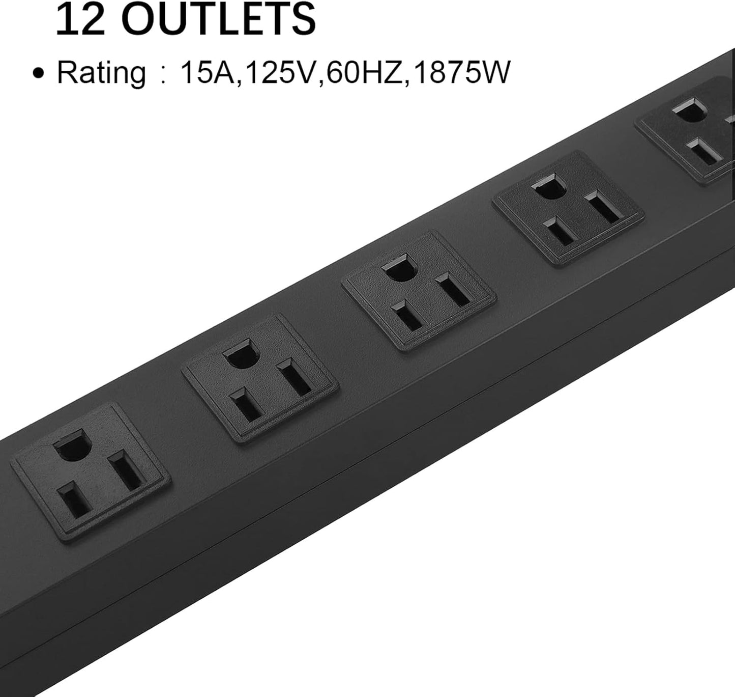 Metal Wall Mount Power Strip, Mountable Power Outlet with 12 AC Outlets, Aluminum Alloy Mount Power Socket with Switch, 3 FT SJT 3/C 14AWG Power Cord, 15A 125V 1875W (12AC)