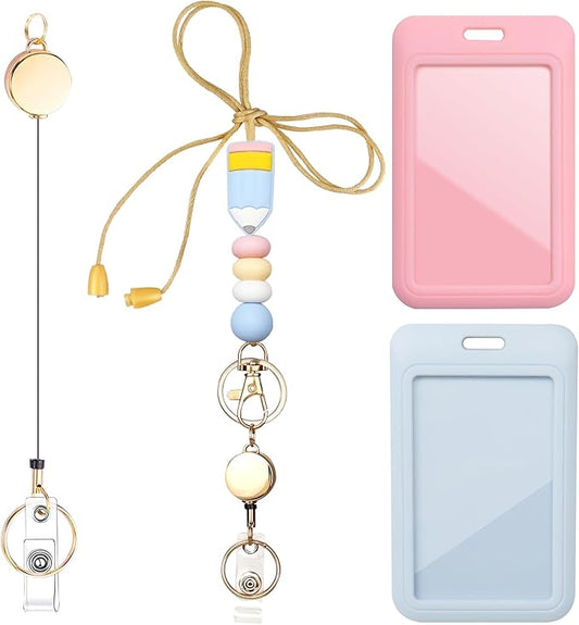 Colorful ID Badge Holder with Silicone Beads Lanyard Set,Cute Teacher Breakaway Lanyard for Keys & Keychain with Cute Retractable Badge Reel Holder,Gift for Women,Nurse, Teacher. (F)