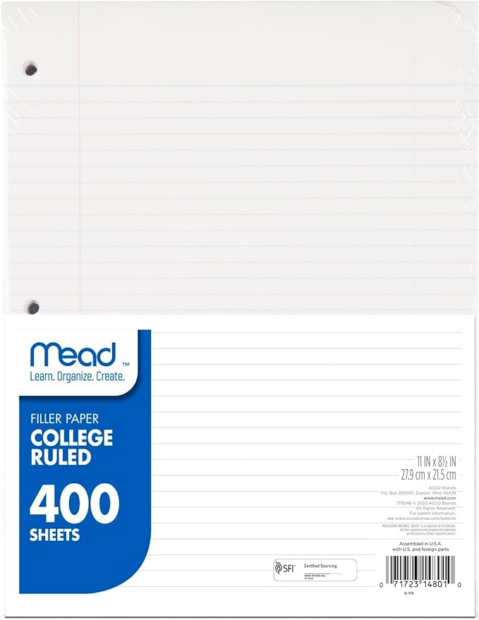 Mead Loose Leaf Paper, Filler Paper, College Ruled, 400 Sheets, 11" x 8-1/2", 3 Hole Punched, 1 Pack (170046-ECM)