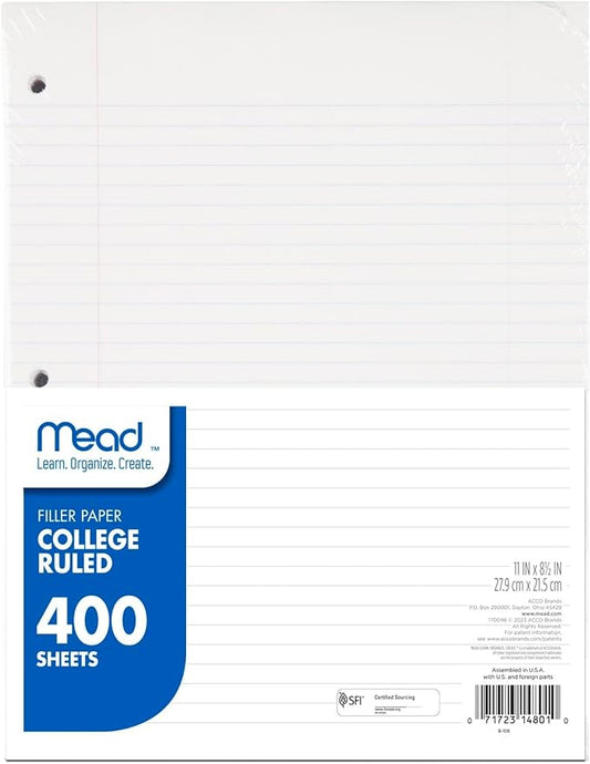 Mead Loose Leaf Paper, Filler Paper, College Ruled, 400 Sheets, 11" x 8-1/2", 3 Hole Punched, 1 Pack (170046-ECM)